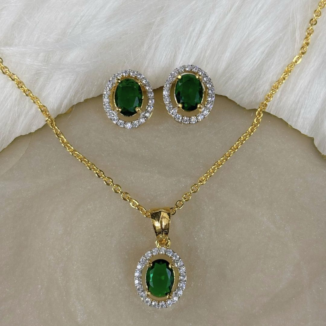 Green Emerald Luxe Gold-Plated Solitaire Halo Pendant & Earrings Set – A Regal Touch of Green