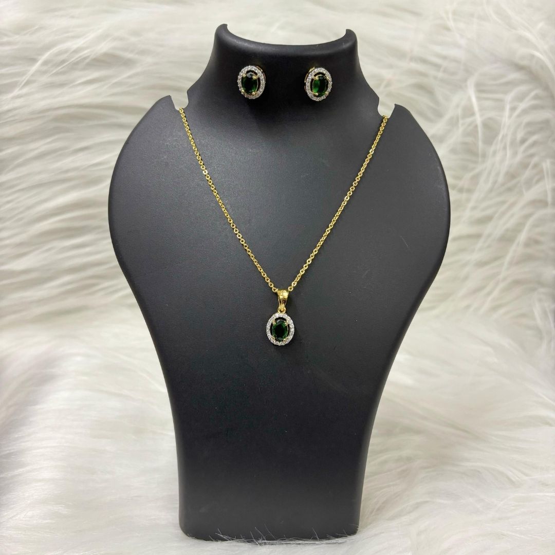 Green Emerald Luxe Gold-Plated Solitaire Halo Pendant & Earrings Set – A Regal Touch of Green