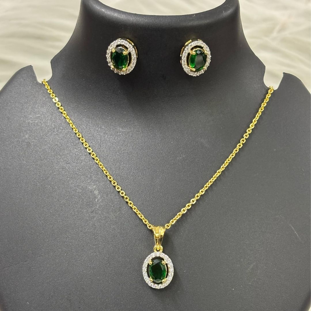 Green Emerald Luxe Gold-Plated Solitaire Halo Pendant & Earrings Set – A Regal Touch of Green