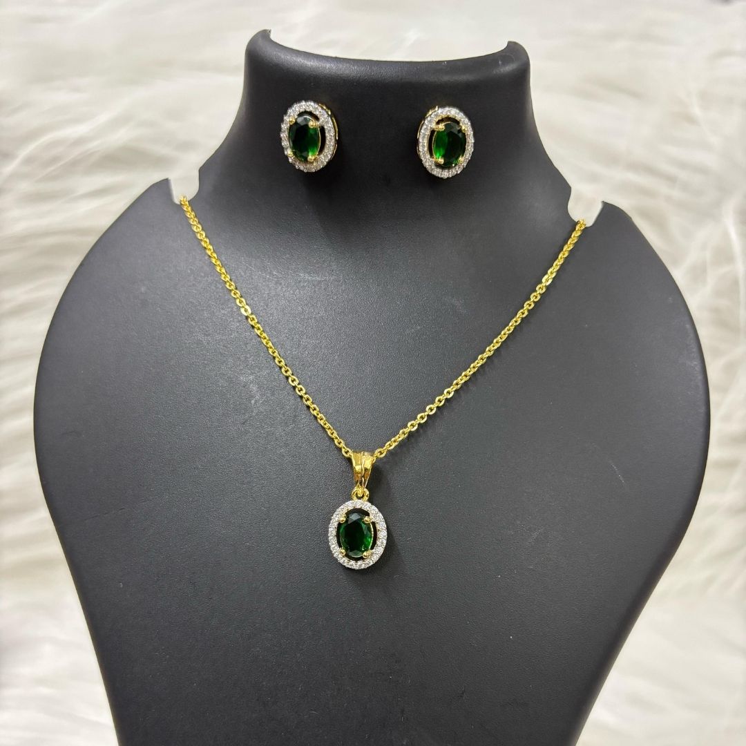 Green Emerald Luxe Gold-Plated Solitaire Halo Pendant & Earrings Set – A Regal Touch of Green