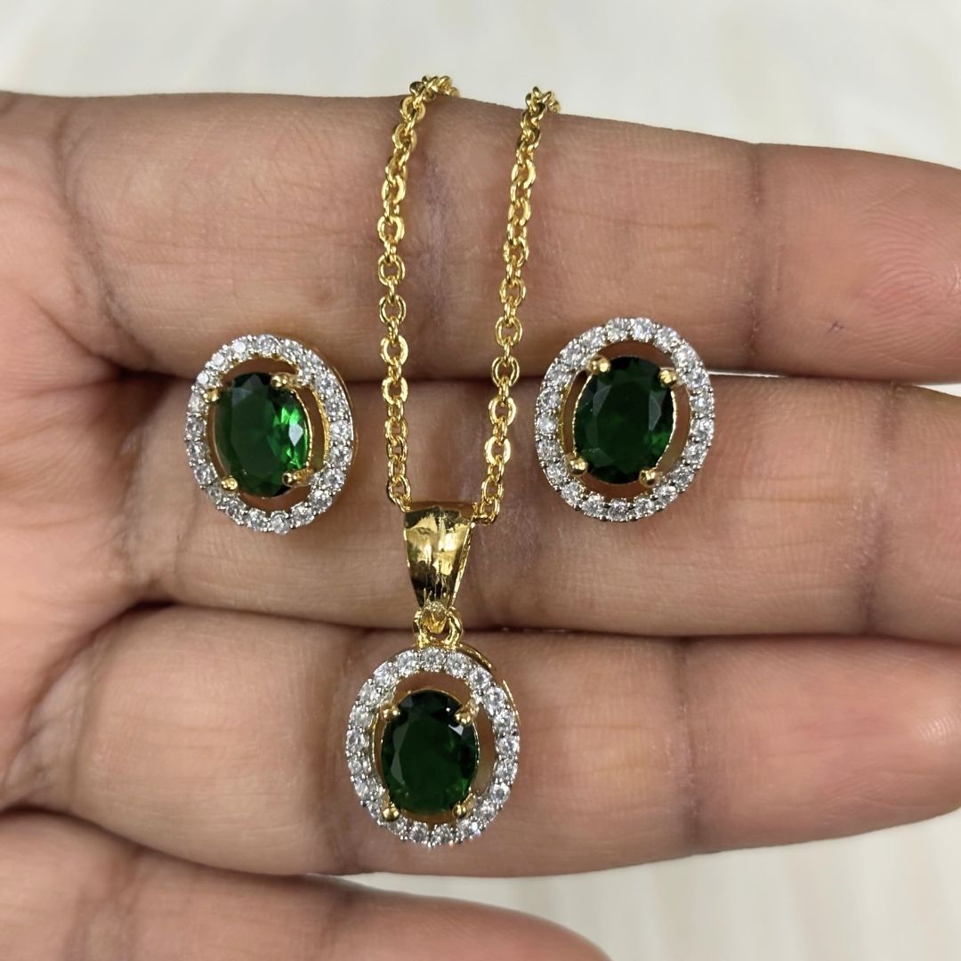 Green Emerald Luxe Gold-Plated Solitaire Halo Pendant & Earrings Set – A Regal Touch of Green