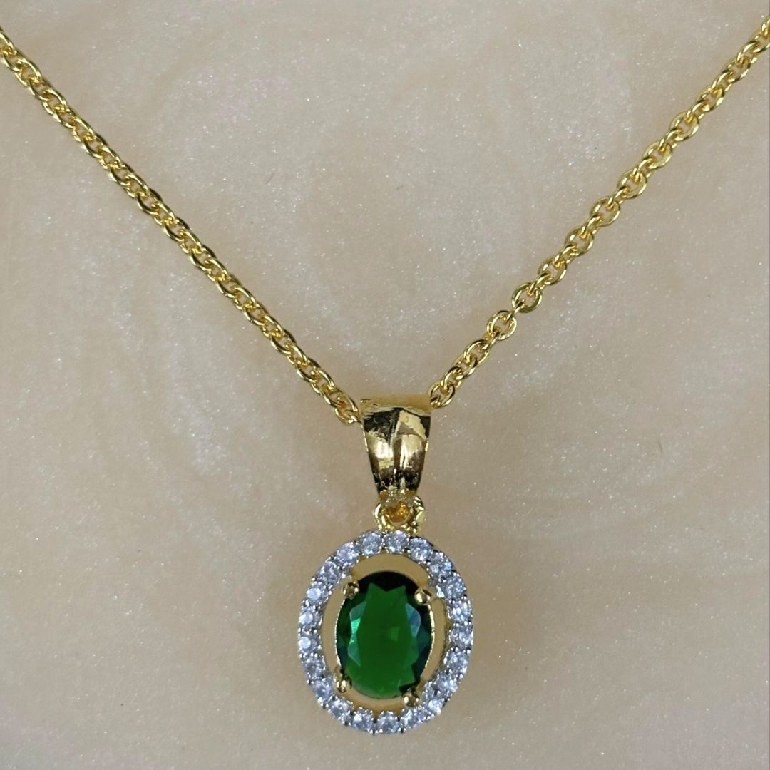 Green Emerald Luxe Gold-Plated Solitaire Halo Pendant & Earrings Set – A Regal Touch of Green