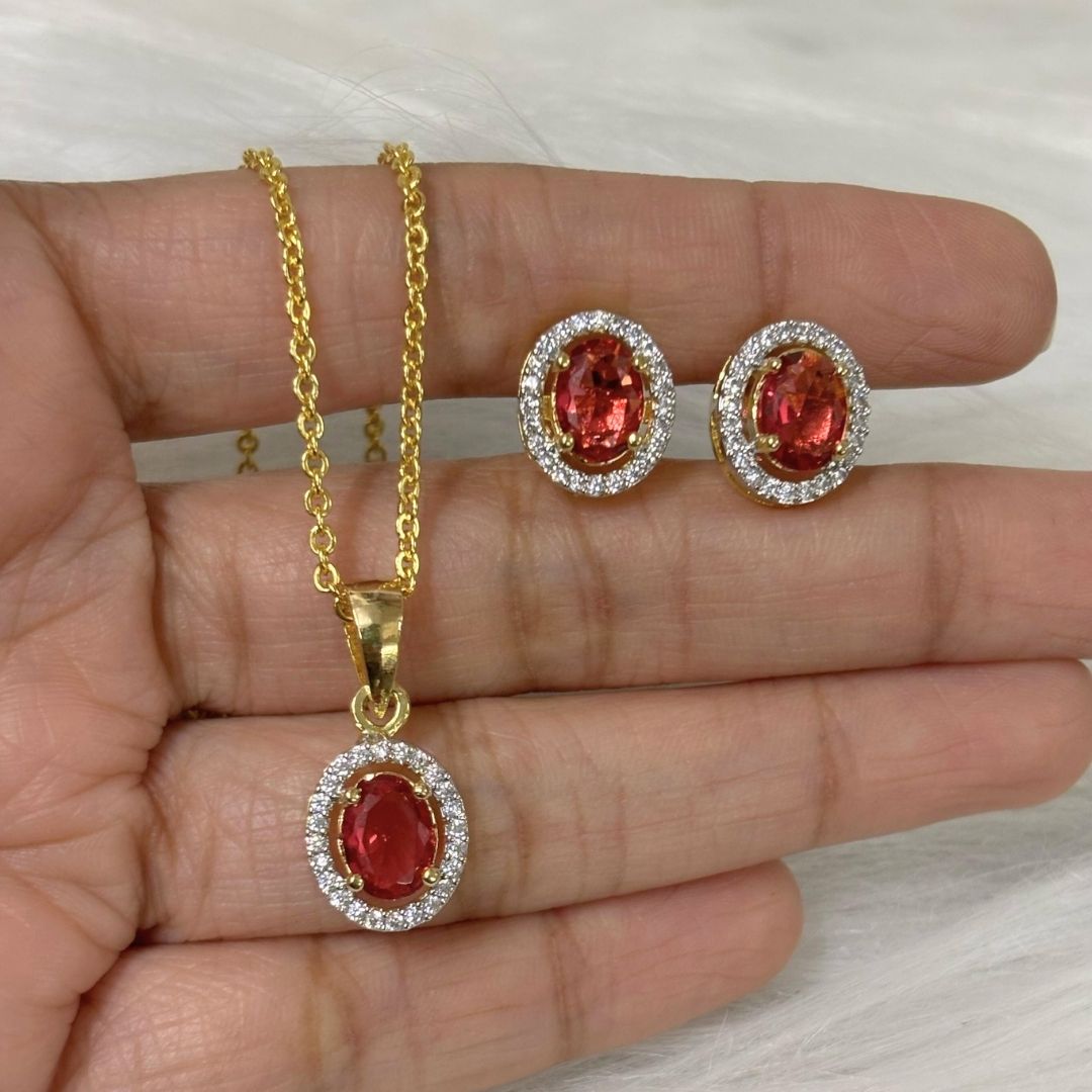 Red Ruby Luxe Gold-Plated Solitaire Halo Pendant & Earrings Set – A Regal Touch of Red