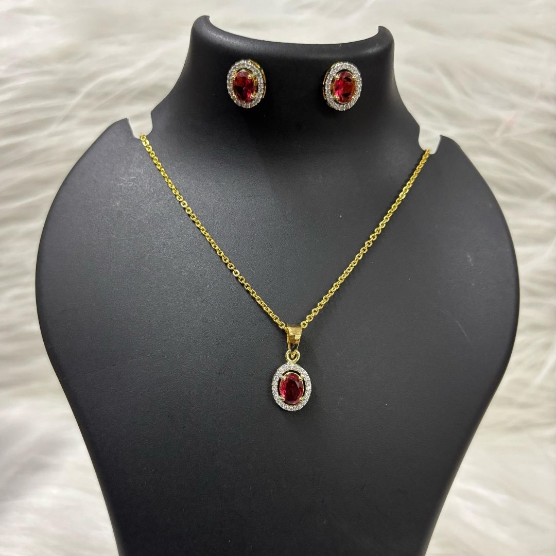 Red Ruby Luxe Gold-Plated Solitaire Halo Pendant & Earrings Set – A Regal Touch of Red