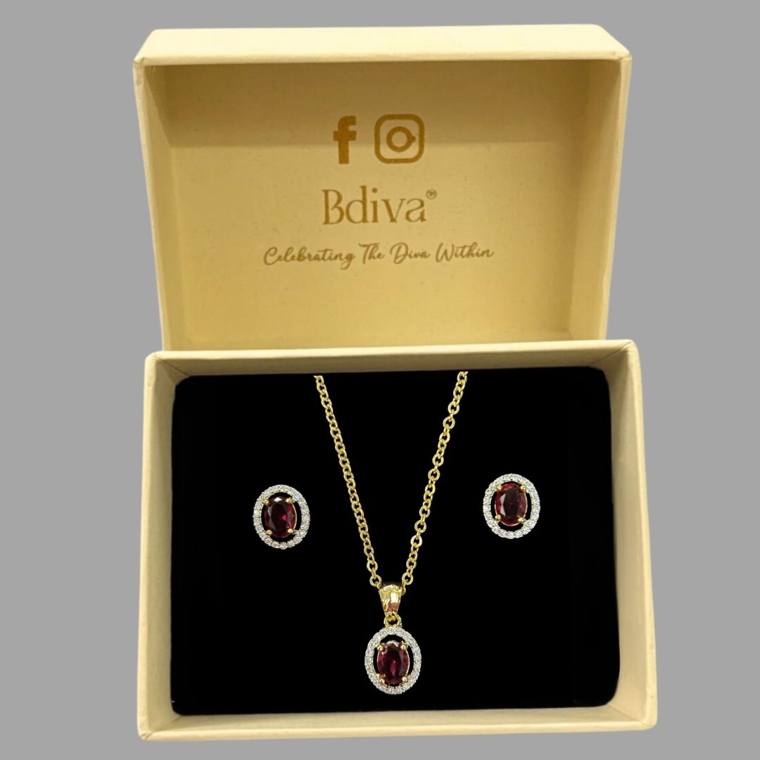 Red Ruby Luxe Gold-Plated Solitaire Halo Pendant & Earrings Set – A Regal Touch of Red