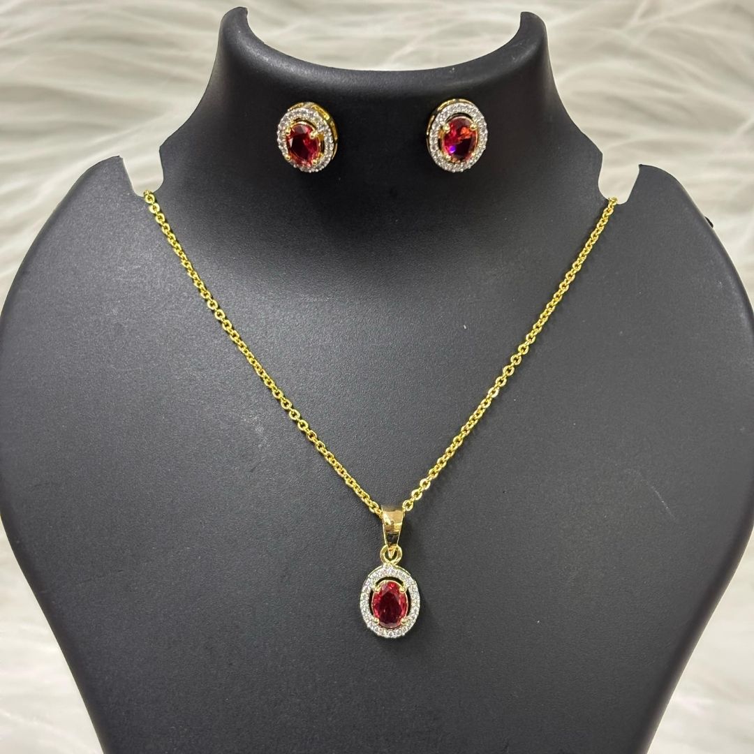 Red Ruby Luxe Gold-Plated Solitaire Halo Pendant & Earrings Set – A Regal Touch of Red