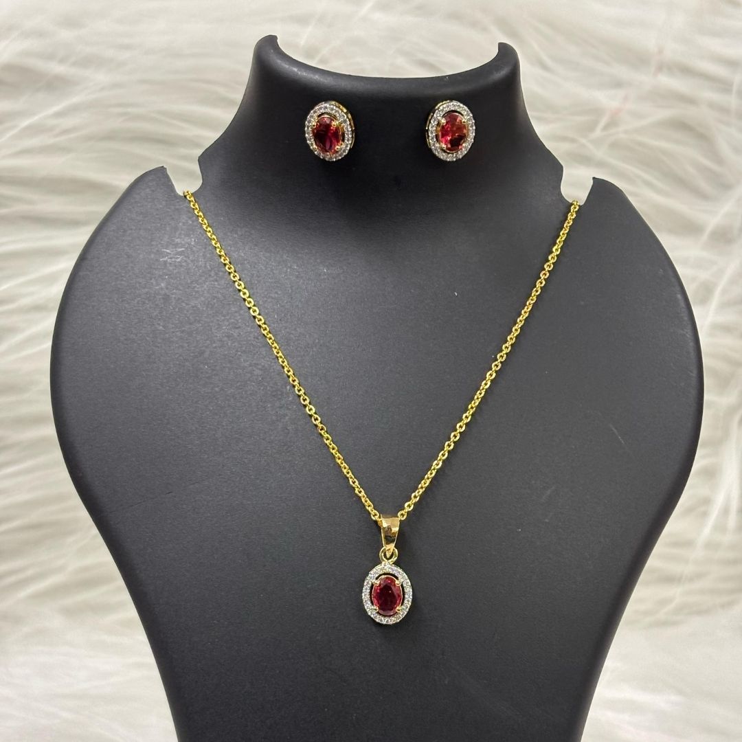 Red Ruby Luxe Gold-Plated Solitaire Halo Pendant & Earrings Set – A Regal Touch of Red