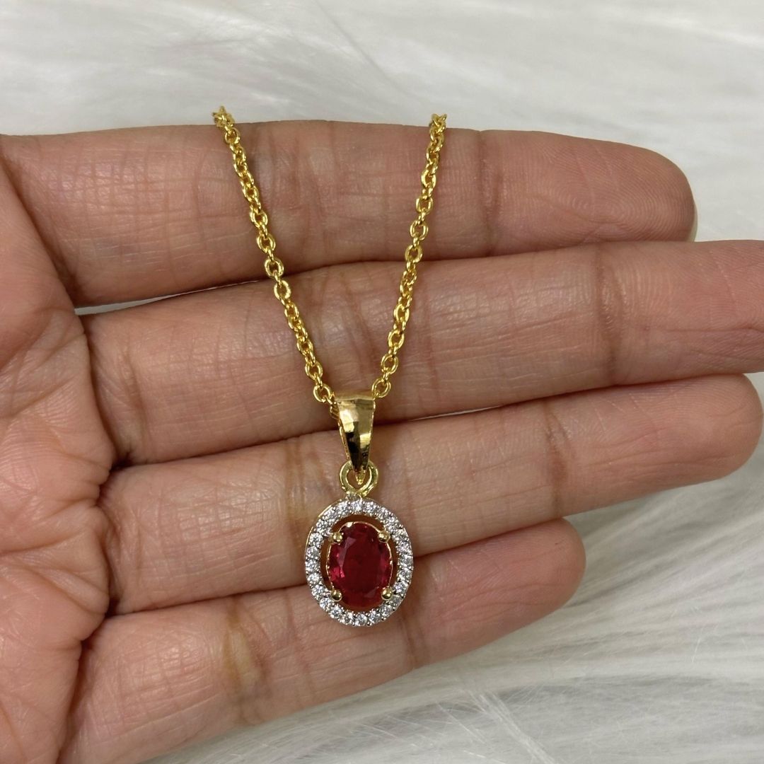 Red Ruby Luxe Gold-Plated Solitaire Halo Pendant & Earrings Set – A Regal Touch of Red
