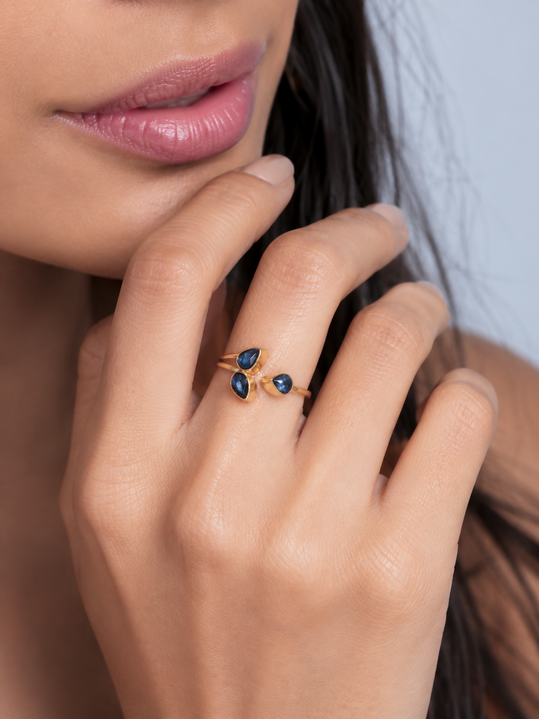 Midnight Trillium Blue Sapphire Gold Plated 925 Sterling Silver Ring