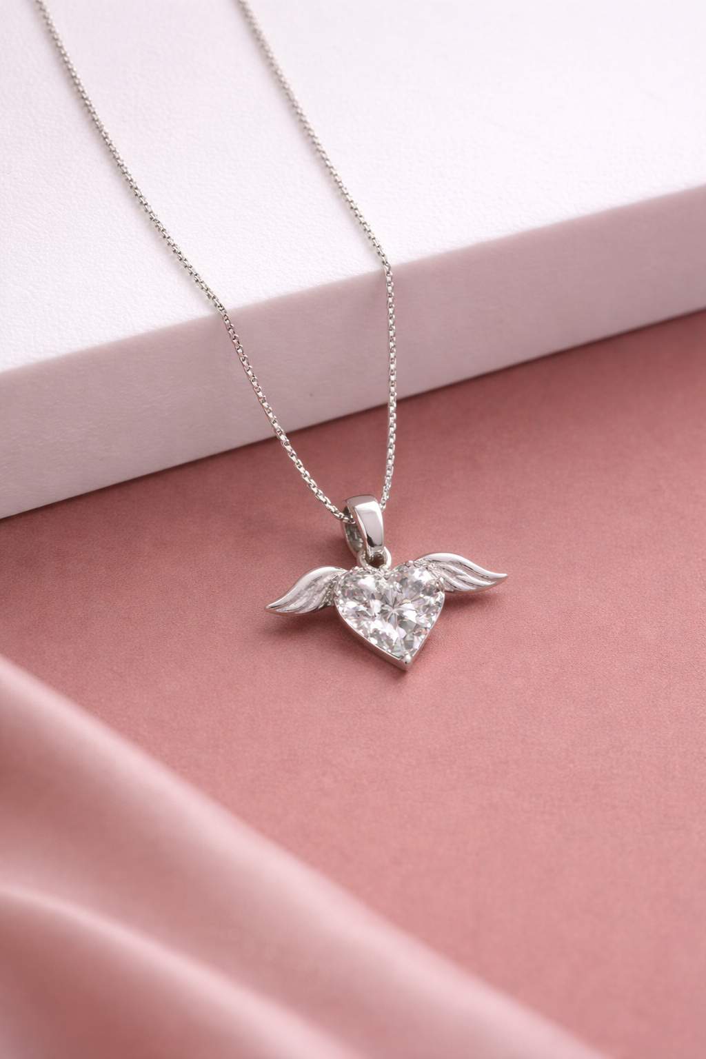 Angel Wings Heart Sterling Silver CZ  Pendant Charm