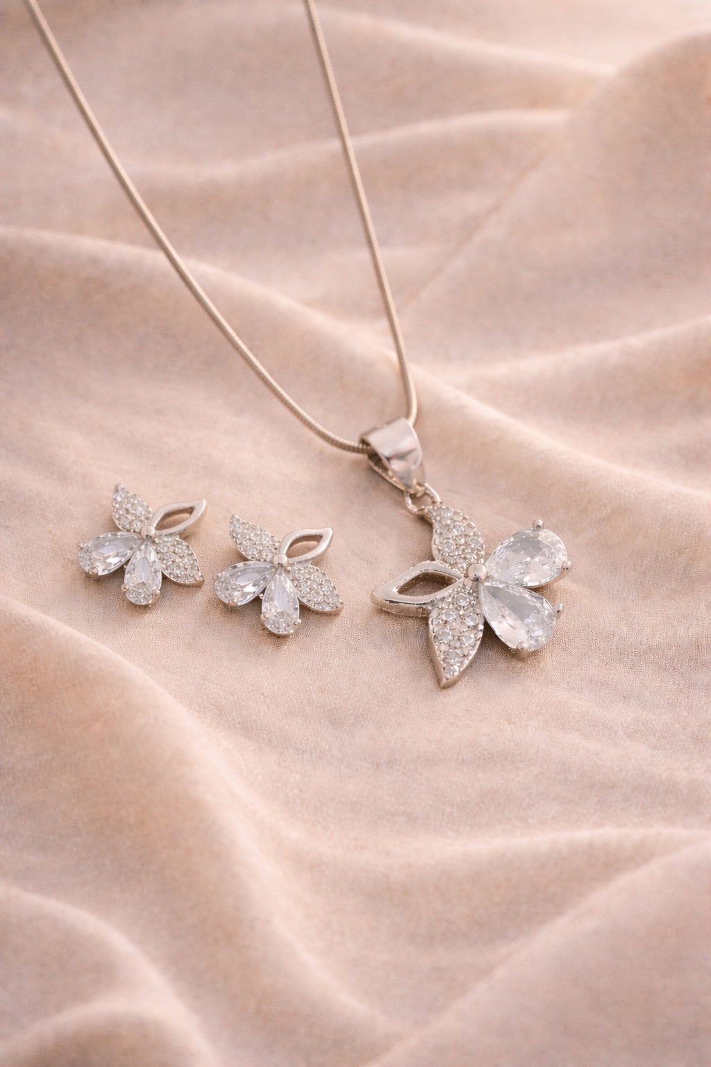Dainty Floral Sterling Silver Pendant & Stud Earrings Set
