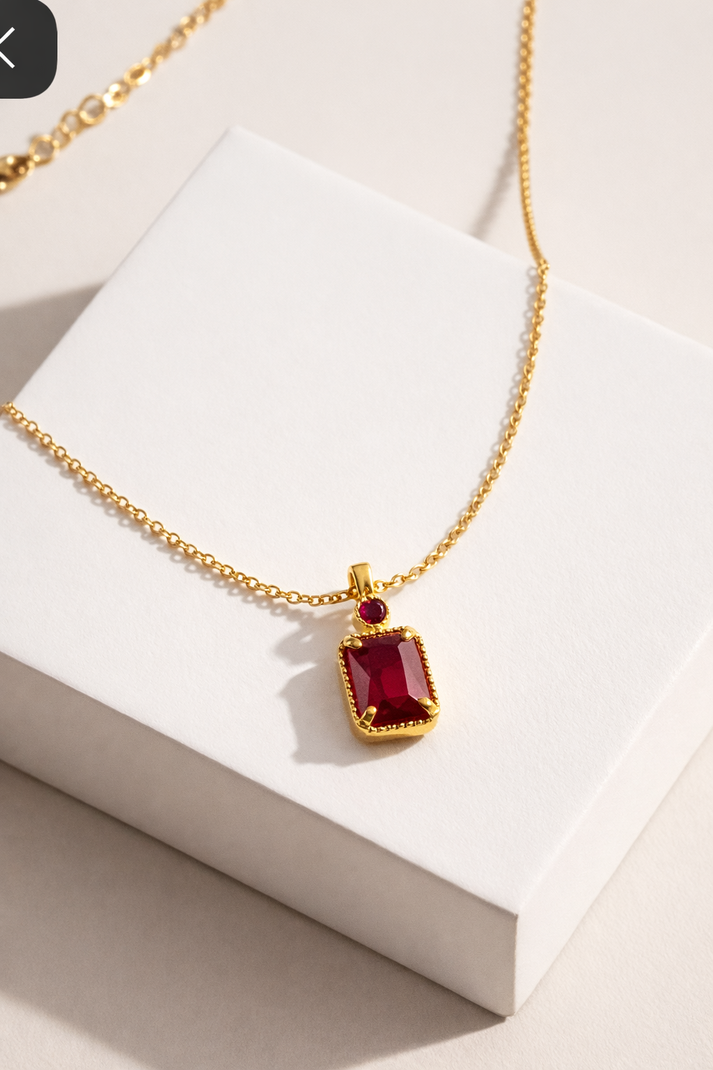925 Sterling Silver Gold Plated Emerald-Cut Ruby Red Solitaire Pendant with Elegant Link Chain