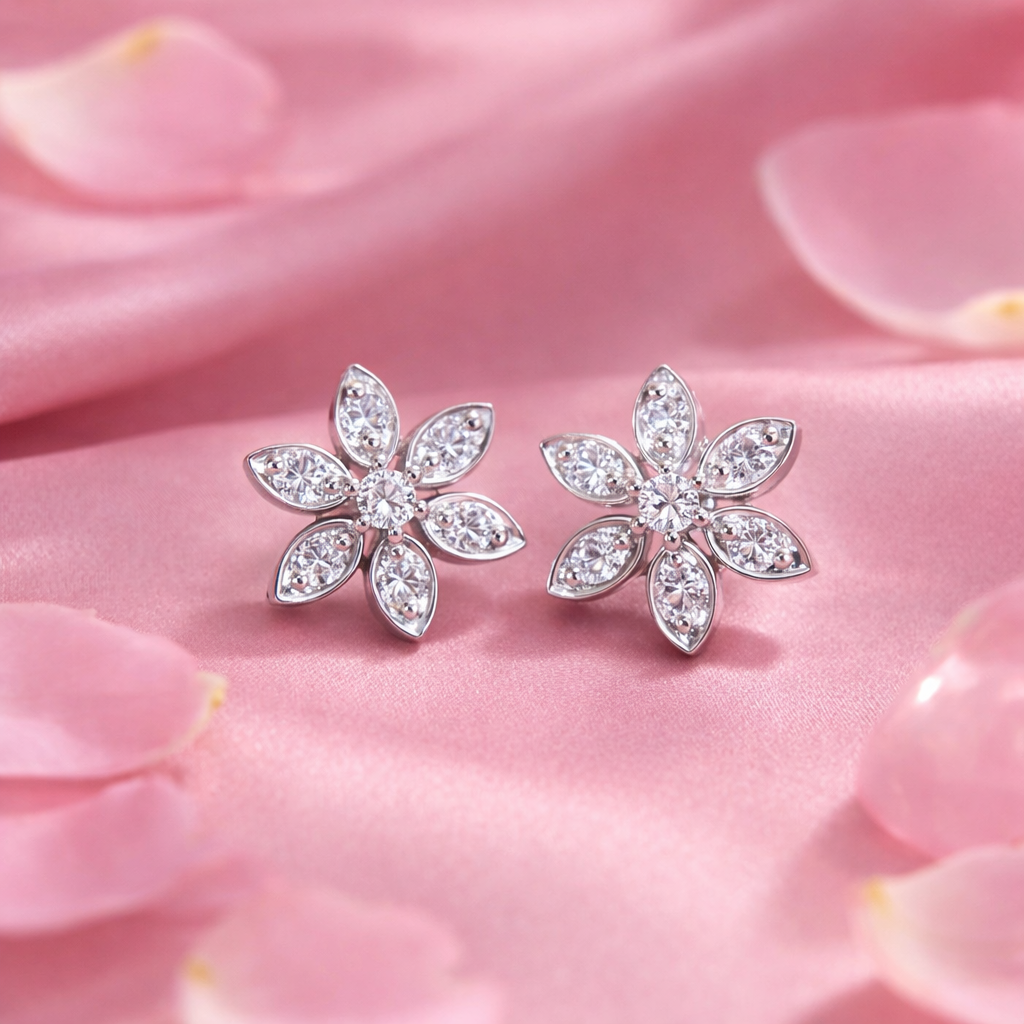 925 Sterling Silver Rhodium Plated Floral CZ Stud Earrings