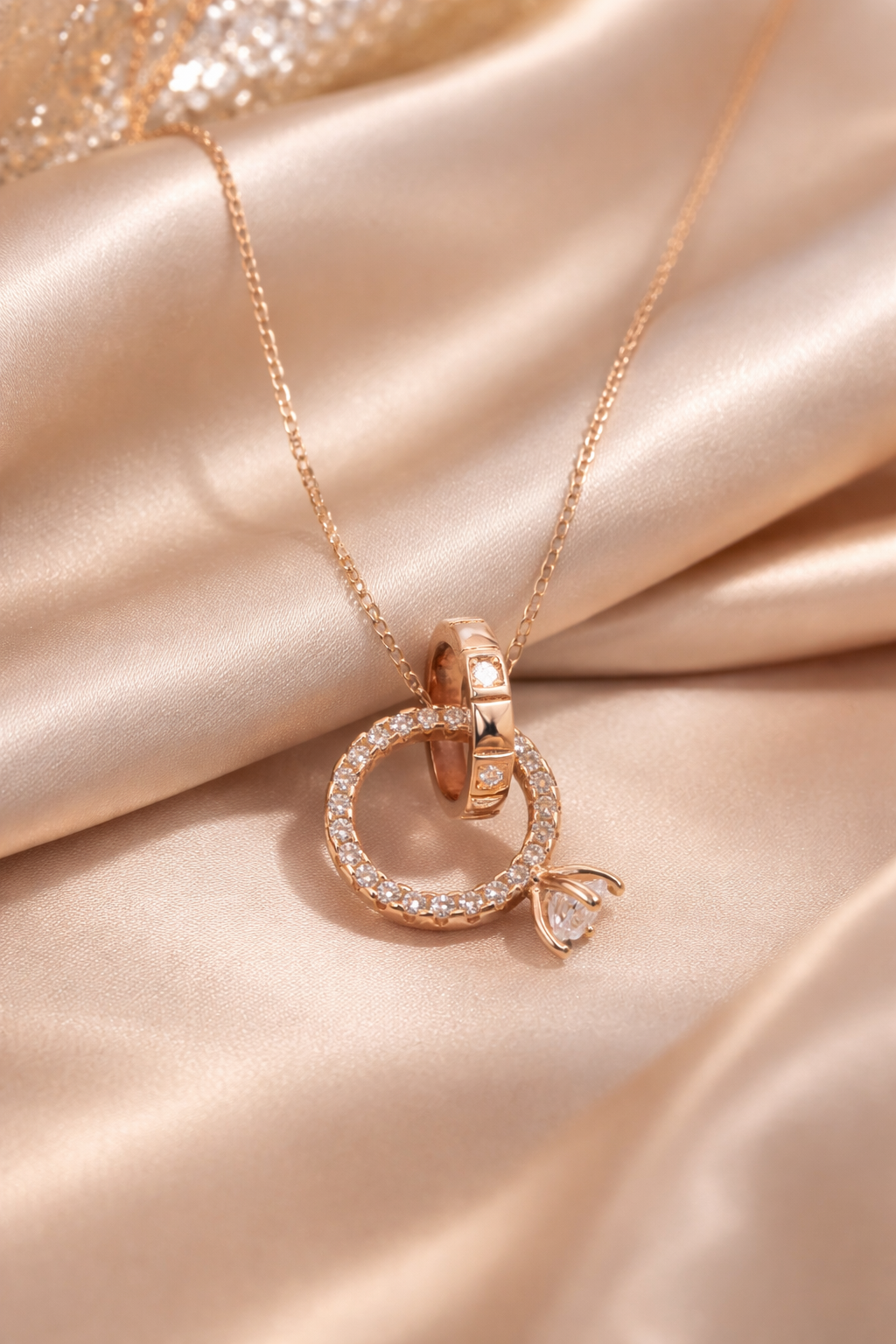 Rose Gold Interlocking Circles Pendant Necklace with Dangle Stone