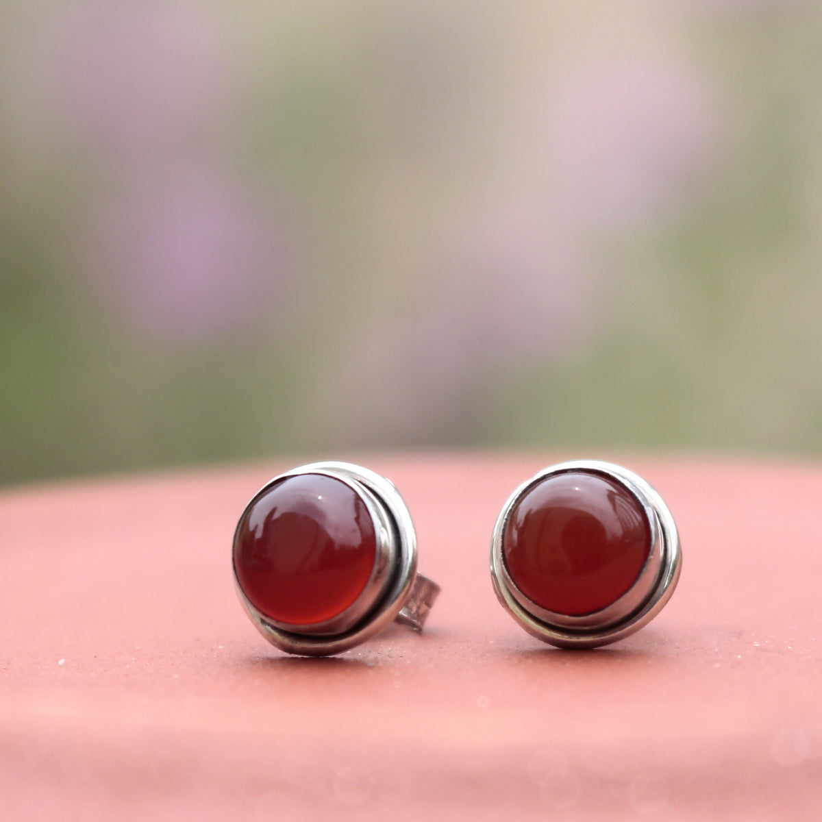 925 Sterling Silver Carnelian Eartops for Women | Natural Orange Gemstone Stud Earrings | High Polish Elegant Daily Wear Jewelry