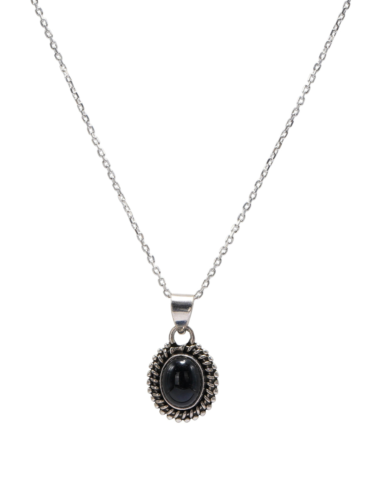 925 Sterling Silver Black Onyx Gemstone Pendant Oval Cabochon and Detailed Sunburst Design