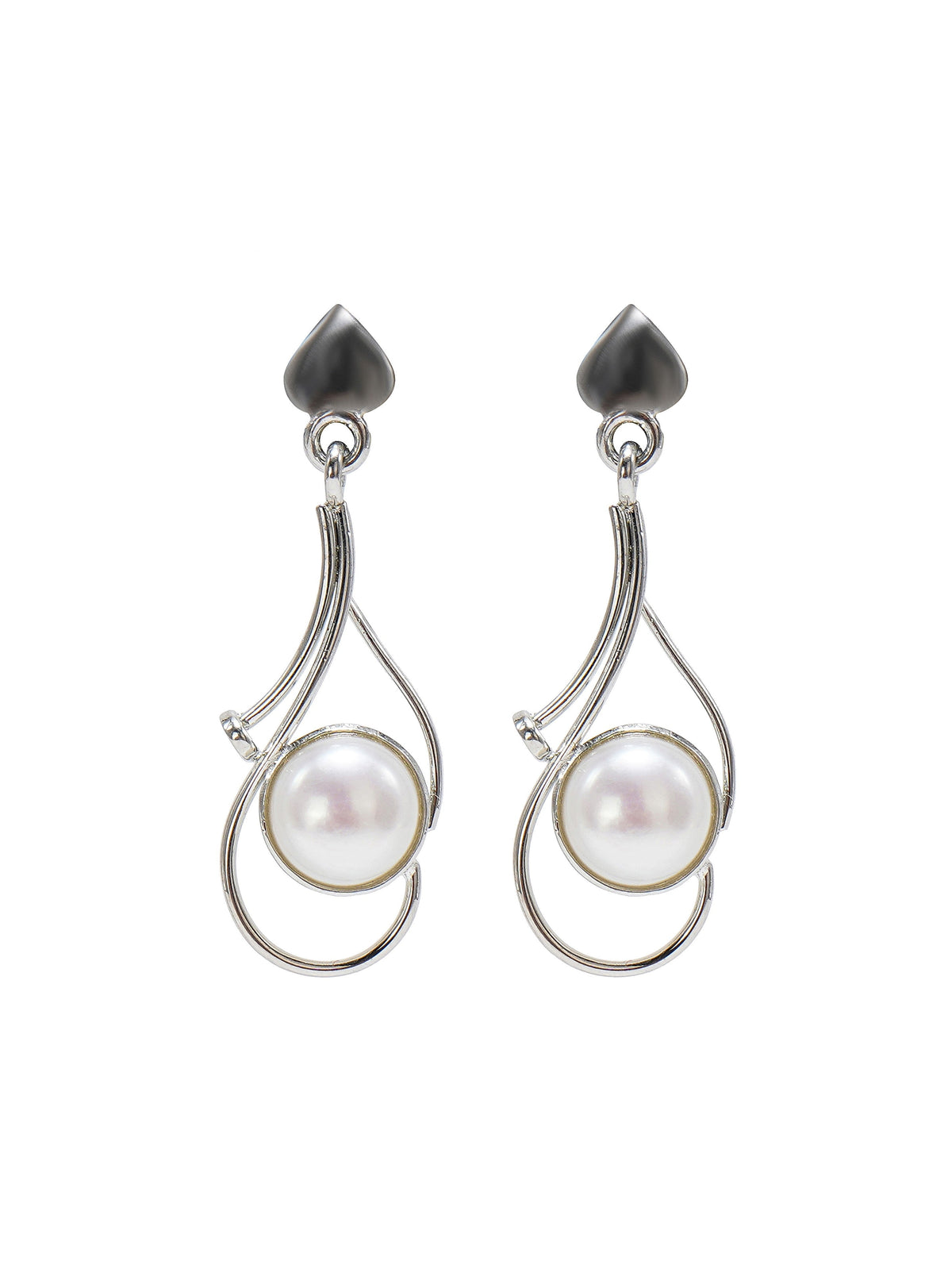 925 Sterling Silver Pearl Drop Earrings with Modern Curved Design