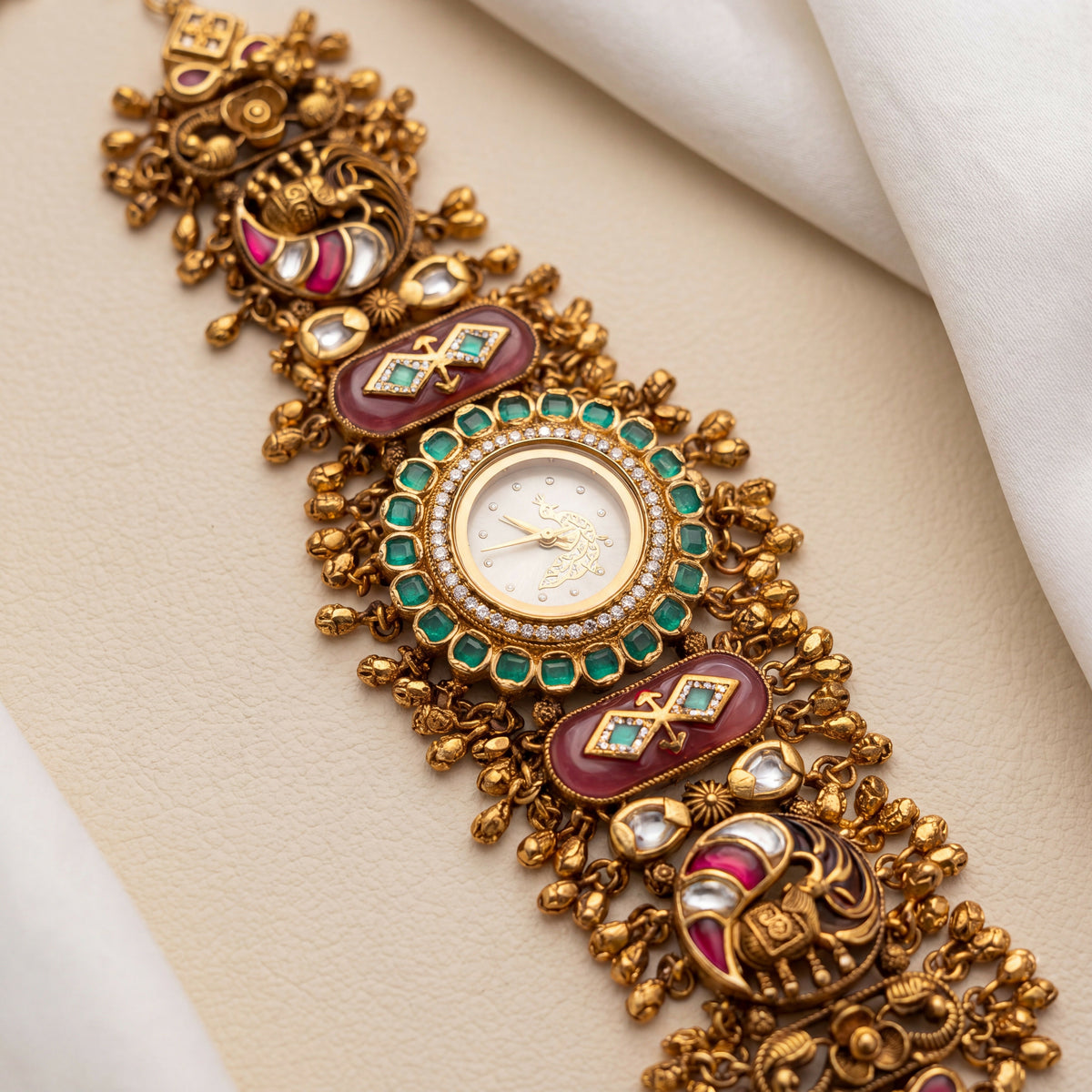 Antique Gold White Dial Peacock Motif Emerald Bezel Meenakari Ghungroo Bracelet Watch for Women & Girls | Stylish Watch | Wrist Watches for Girls | Ideal for gifting | Gift for Diwali, Christmas, Marriage, Birthday, anniversary, wedding
