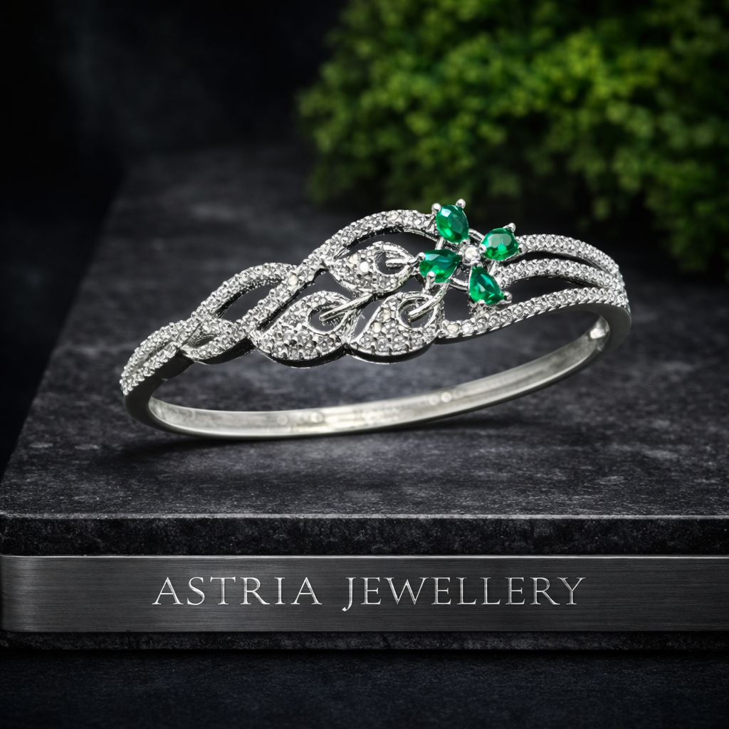 astria-jewellery-silver-plated-green-stone-zircon-bracelet-for-women-elegant-floral-vine-design-cuff-bangle-party-wedding-wear-jewellery