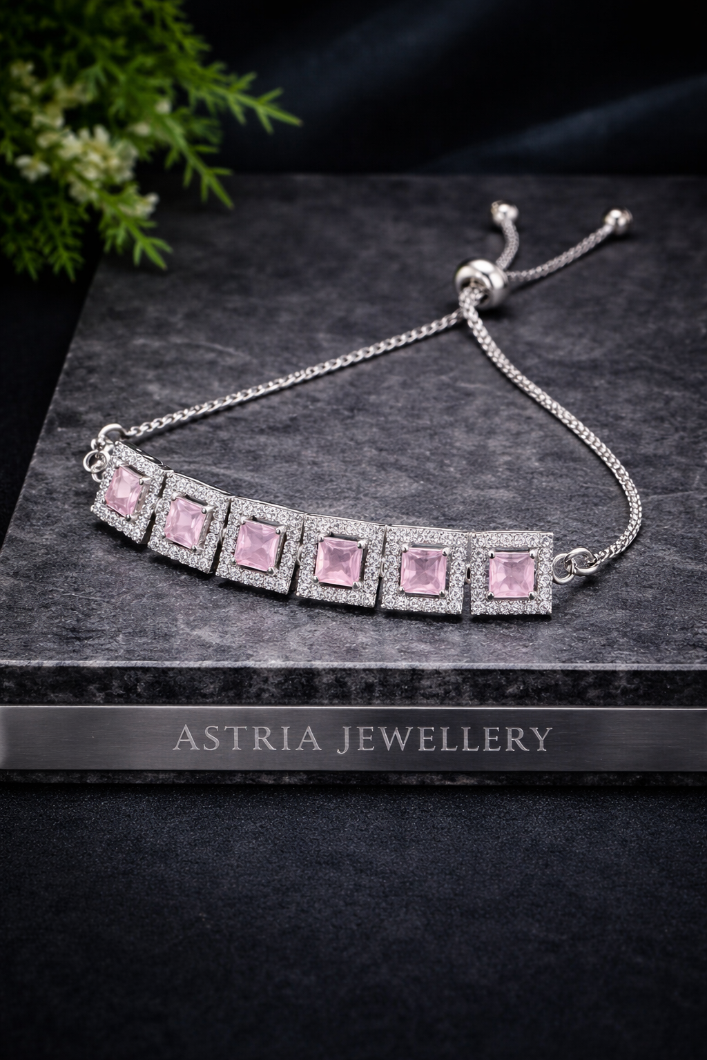 astria-jewellery-silver-plated-pink-stone-adjustable-bracelet-for-women-square-crystal-link-bracelet-with-sliding-clasp-elegant-party-wear-jewellery