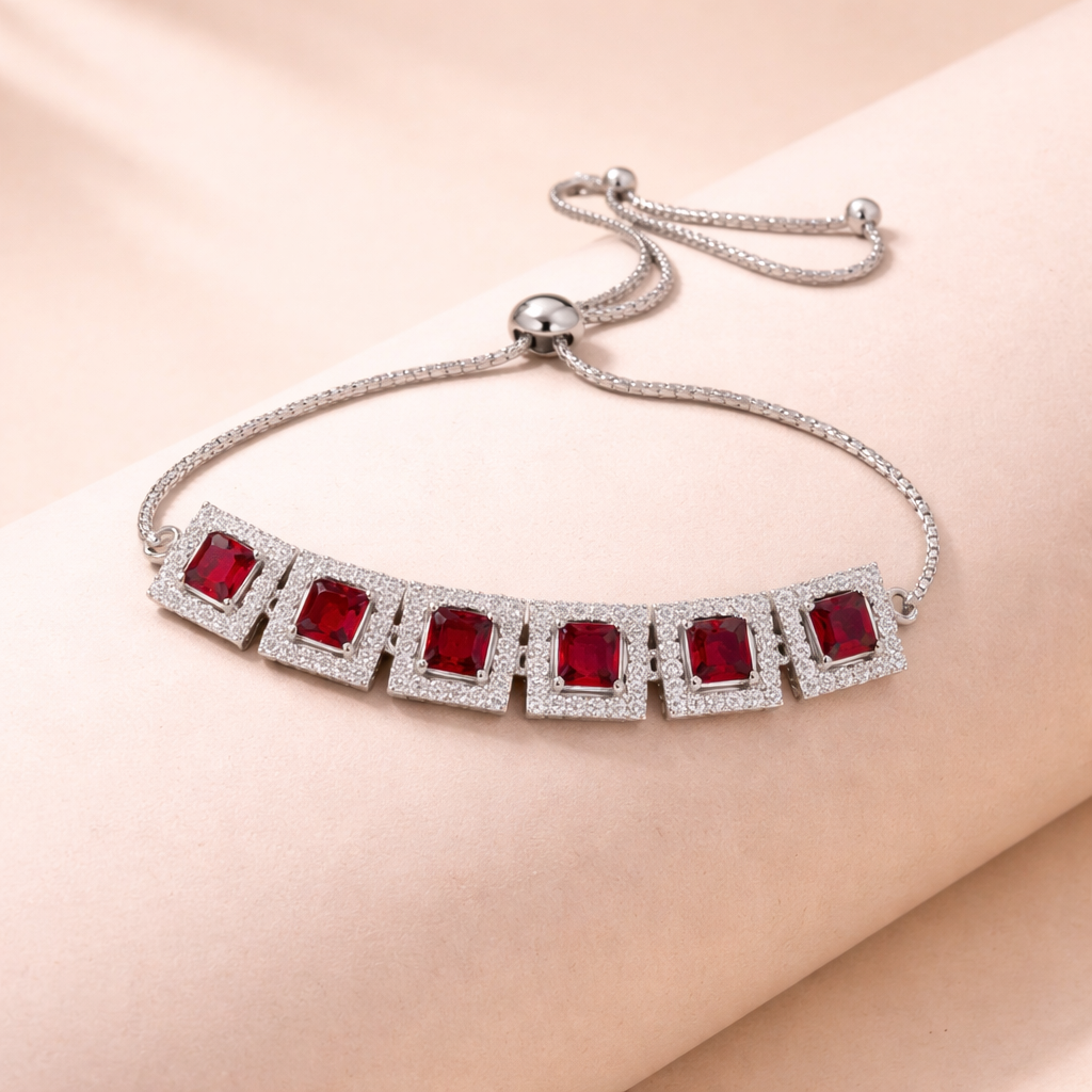 astria-jewellery-silver-plated-red-stone-adjustable-bracelet-for-women-square-crystal-link-bracelet-with-sliding-clasp-elegant-party-wear-jewellery
