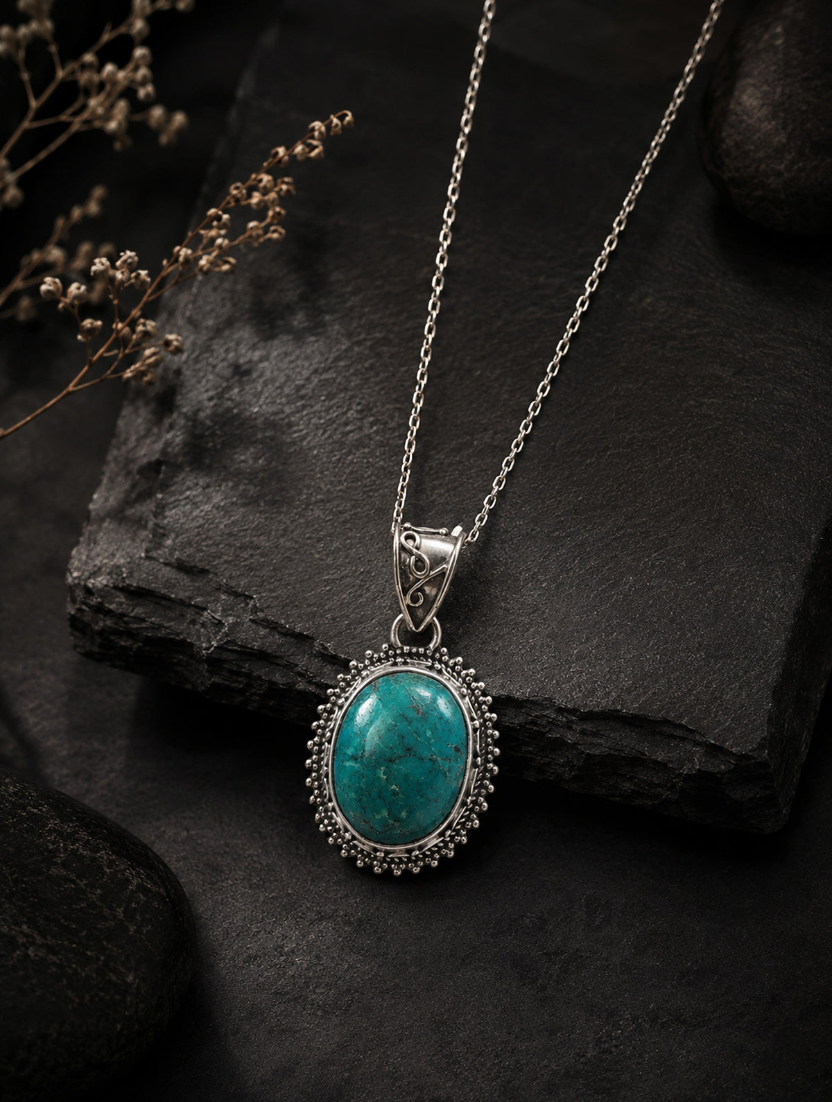 925 Sterling Silver Turquoise Gemstone Pendant Necklace for Women Oval Stone and Detailed Design