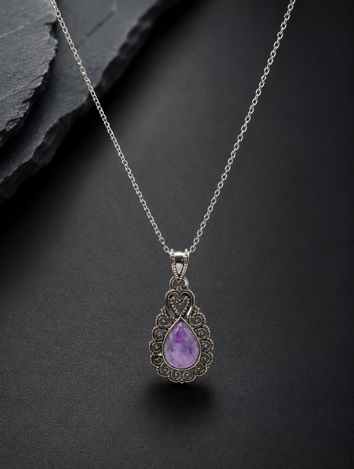 925 Sterling Silver Amethyst Gemstone Pendant Pear Shape Stone and Ornate Floral Design