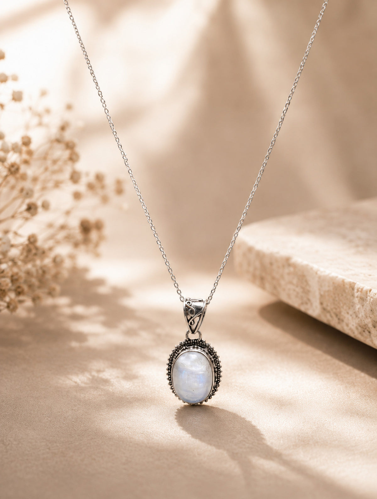 925 Sterling Silver White Moonstone Oval Pendant Intricate Beaded Edge Detailing