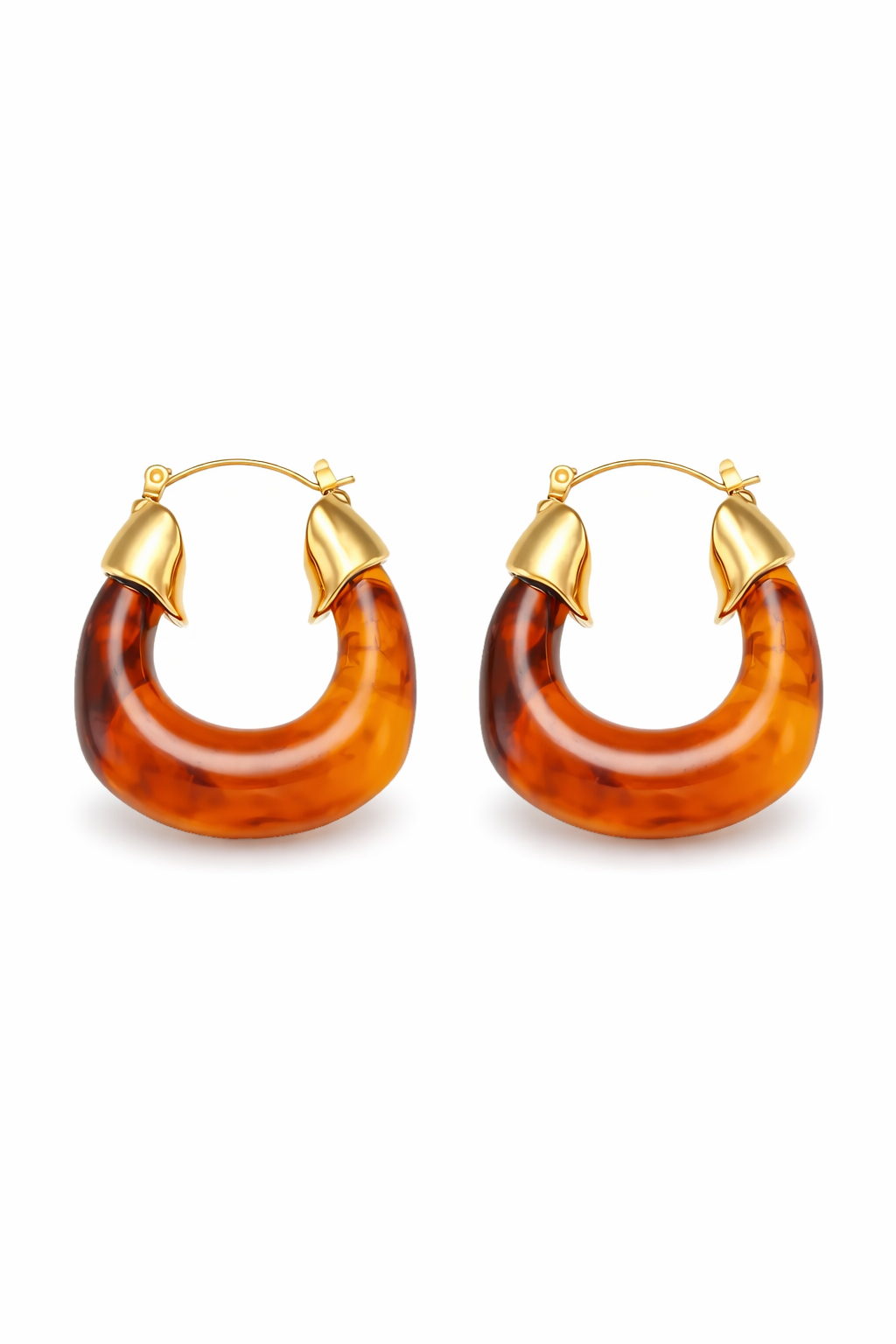 18k gold-plated brown amber resin hoop earrings �? bold rich amber hoops, anti-tarnish and waterproof for everyday and evening wear.