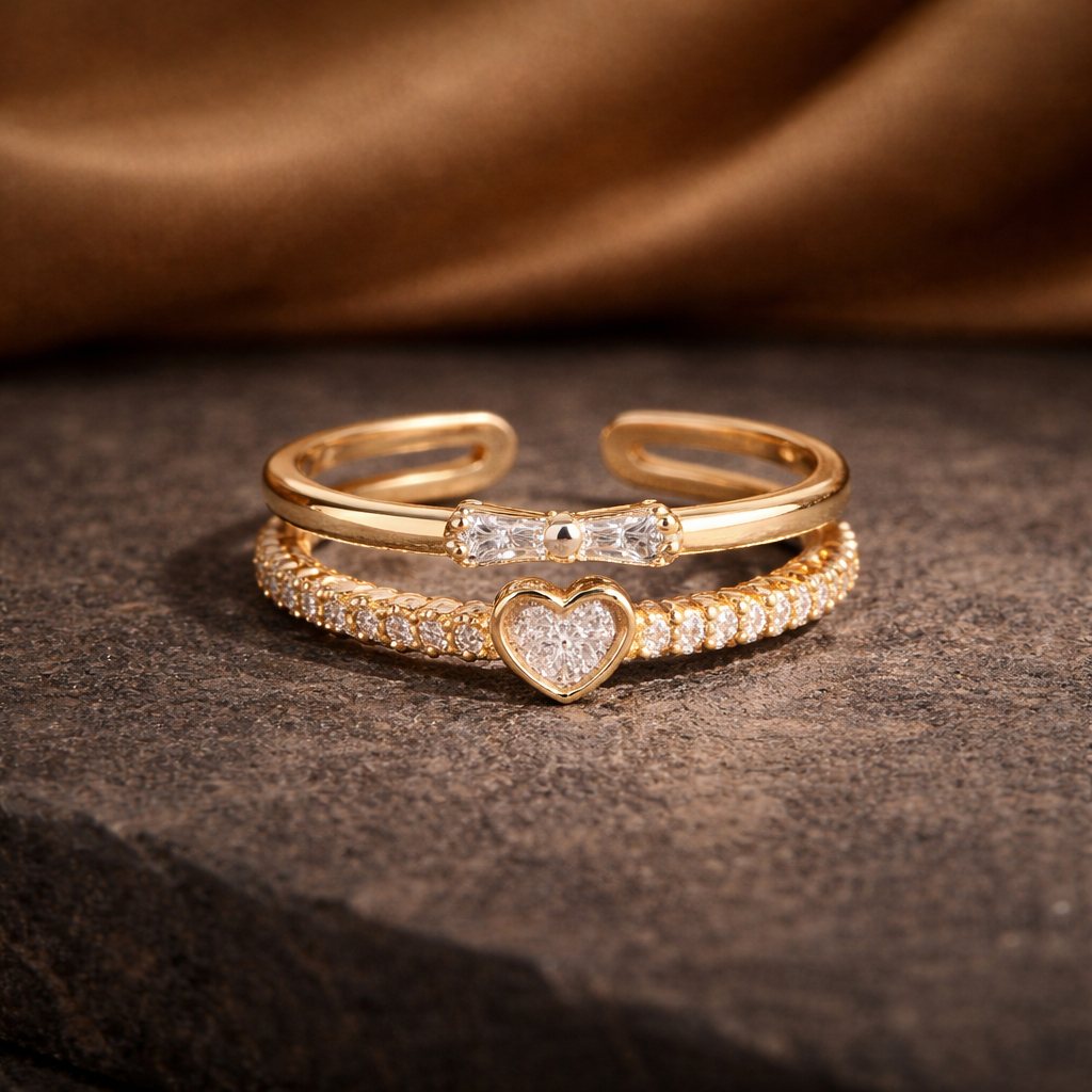 Astria Jewellery Gold-Plated Adjustable Double Band Heart Ring with CZ ??Elegant Ring for Women