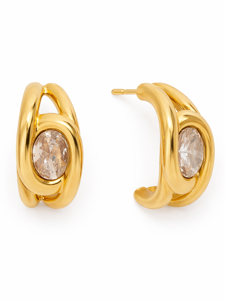 18k gold-plated Halo oval crystal stud earrings �? bold royal sculpted halo studs, anti-tarnish and waterproof for evening looks.