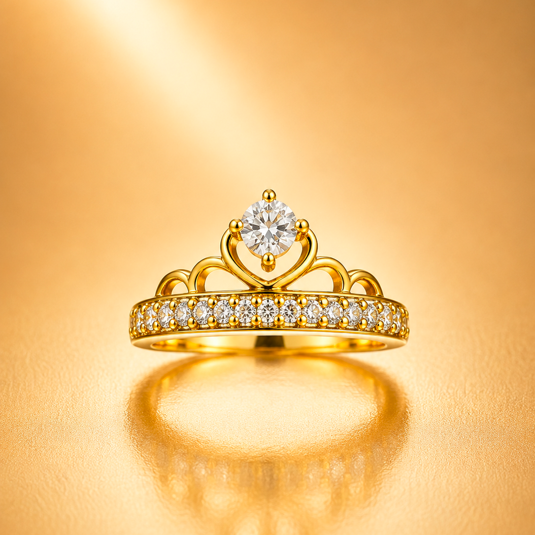 Princess Crown CZ Gold-Plated Ring for Women | Crown Solitaire Ring | Anti-Tarnish Adjustable Fashion Jewelry