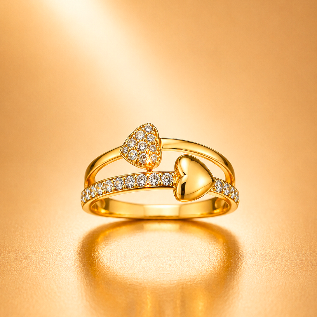 Dual Heart Gold-Plated CZ Ring for Women | Open Heart Adjustable Ring | Anti-Tarnish Romantic Fashion Jewelry