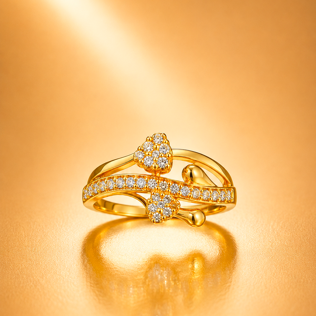 Dual Clover Gold-Plated CZ Ring for Women | Adjustable Floral Clover Ring | Anti-Tarnish Elegant Fashion Jewelry