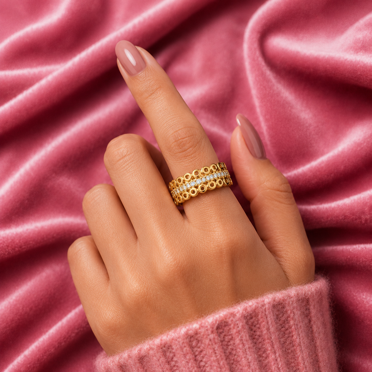 Triple Row Circular Pattern Ring for Women | Gold-Plated Cubic Zirconia Statement Ring | Anti-Tarnish Designer Band