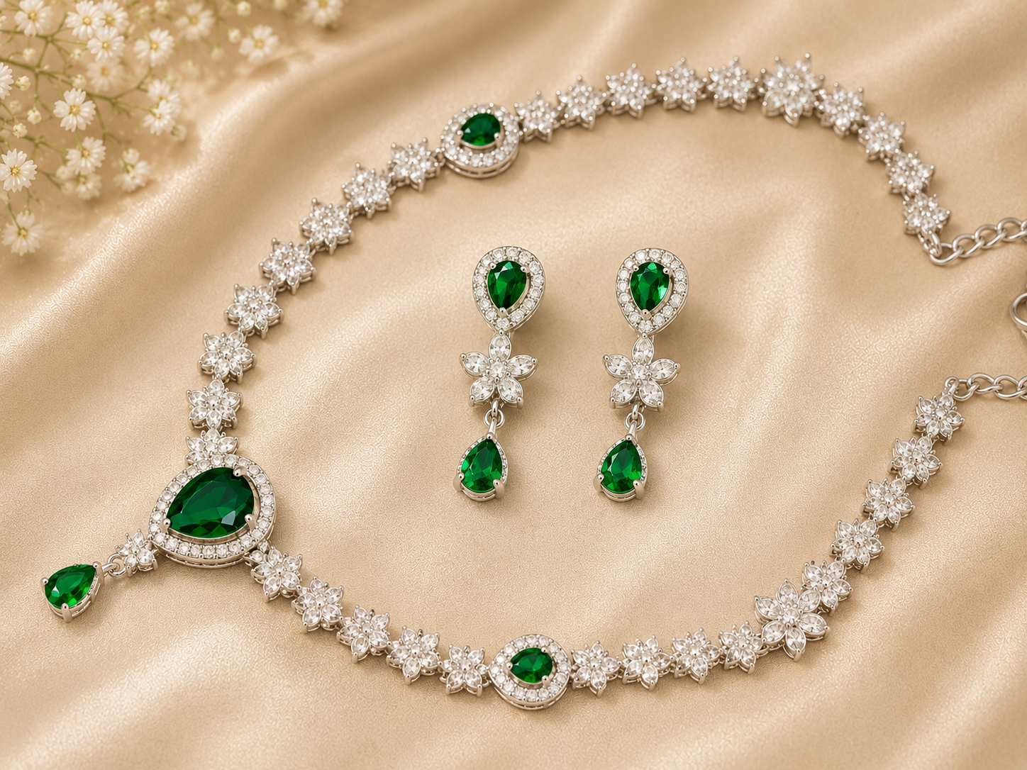 emerald-green-cz-floral-necklace-set-for-women-american-diamond-bridal-jewellery-set-with-drop-earrings-silver-plated-party-wear-set