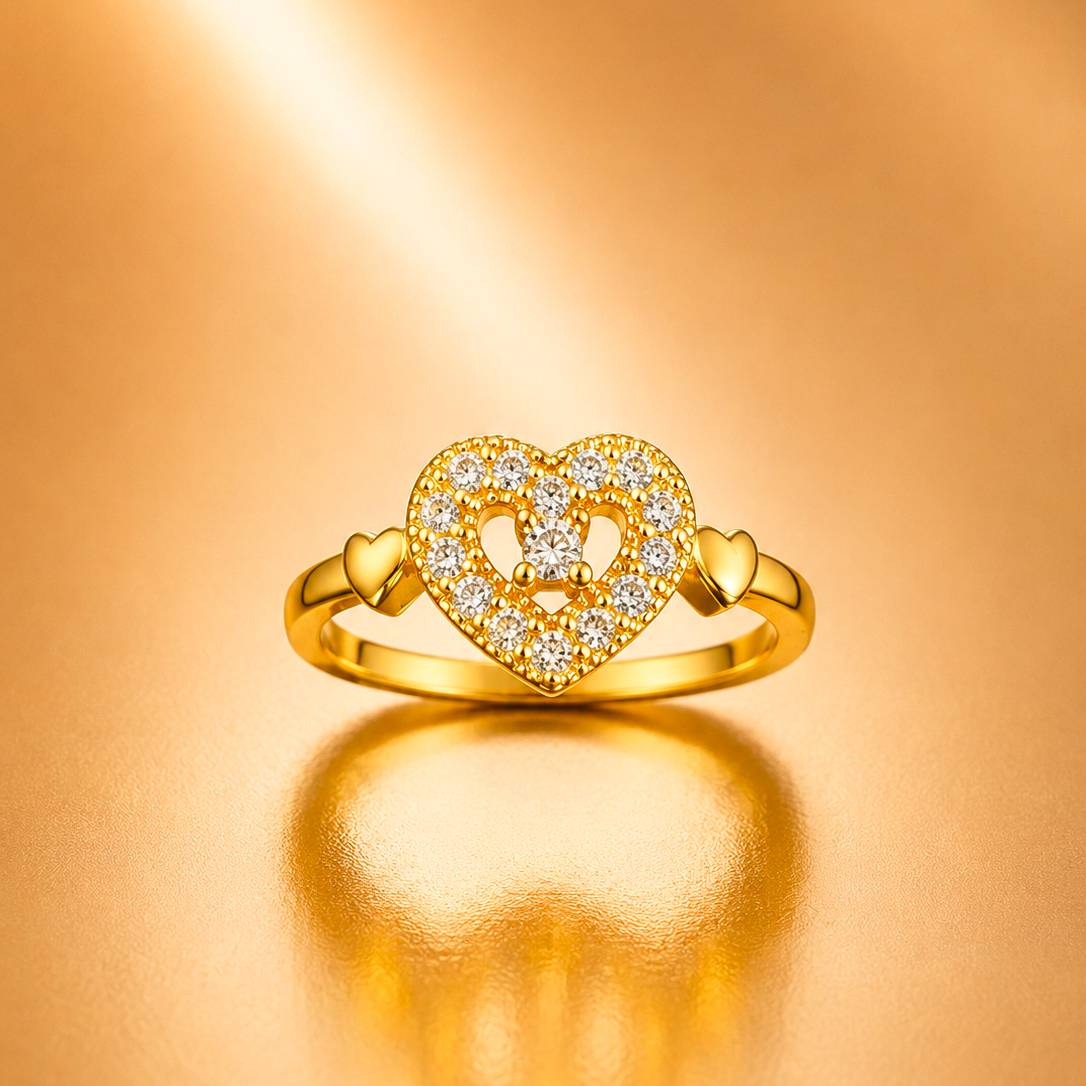 Sparkling Open Heart Gold-Plated Cubic Zirconia Ring for Women | Romantic Heart Statement Ring