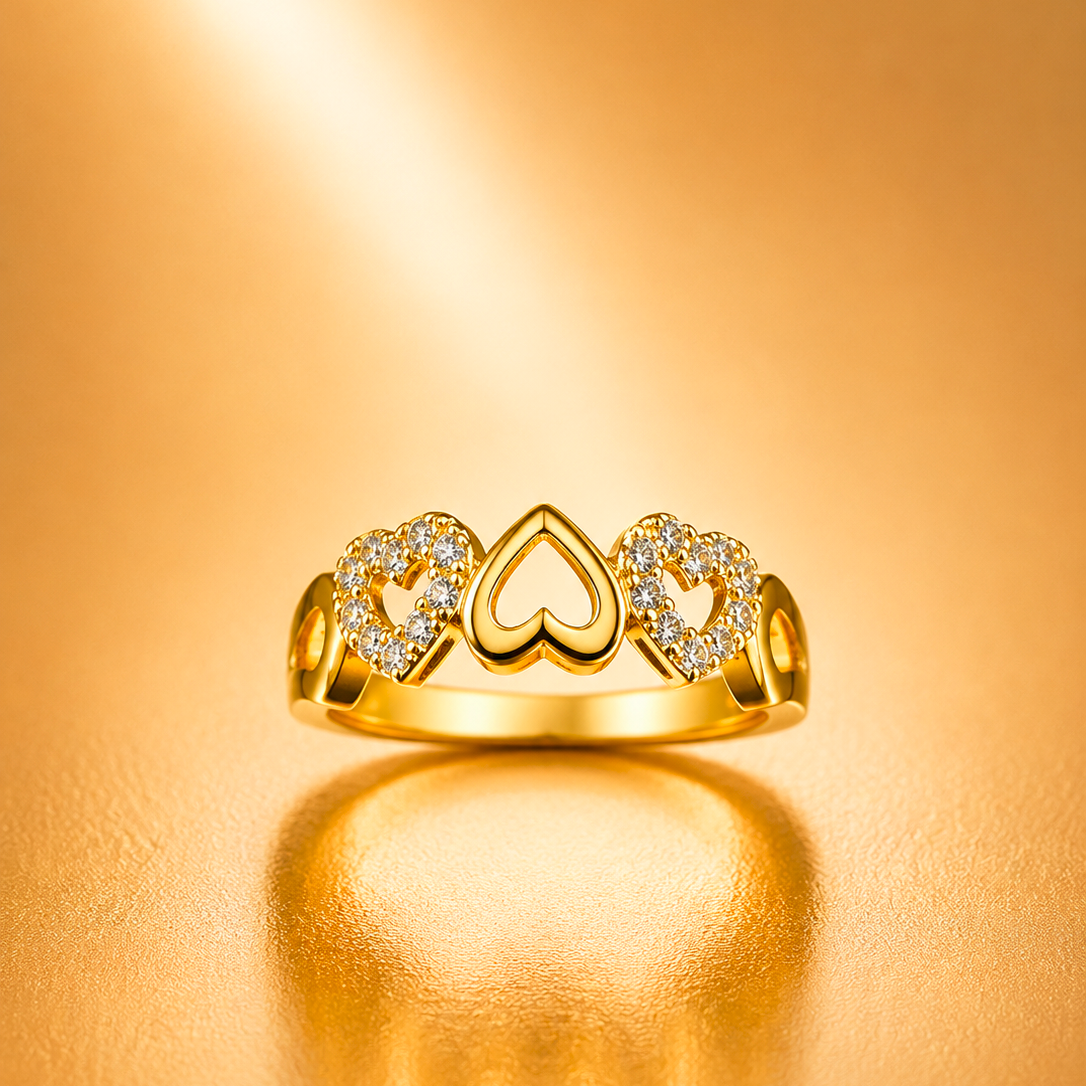 Triple Heart Gold-Plated CZ Ring for Women | Open Heart Love Ring | Romantic Statement Ring