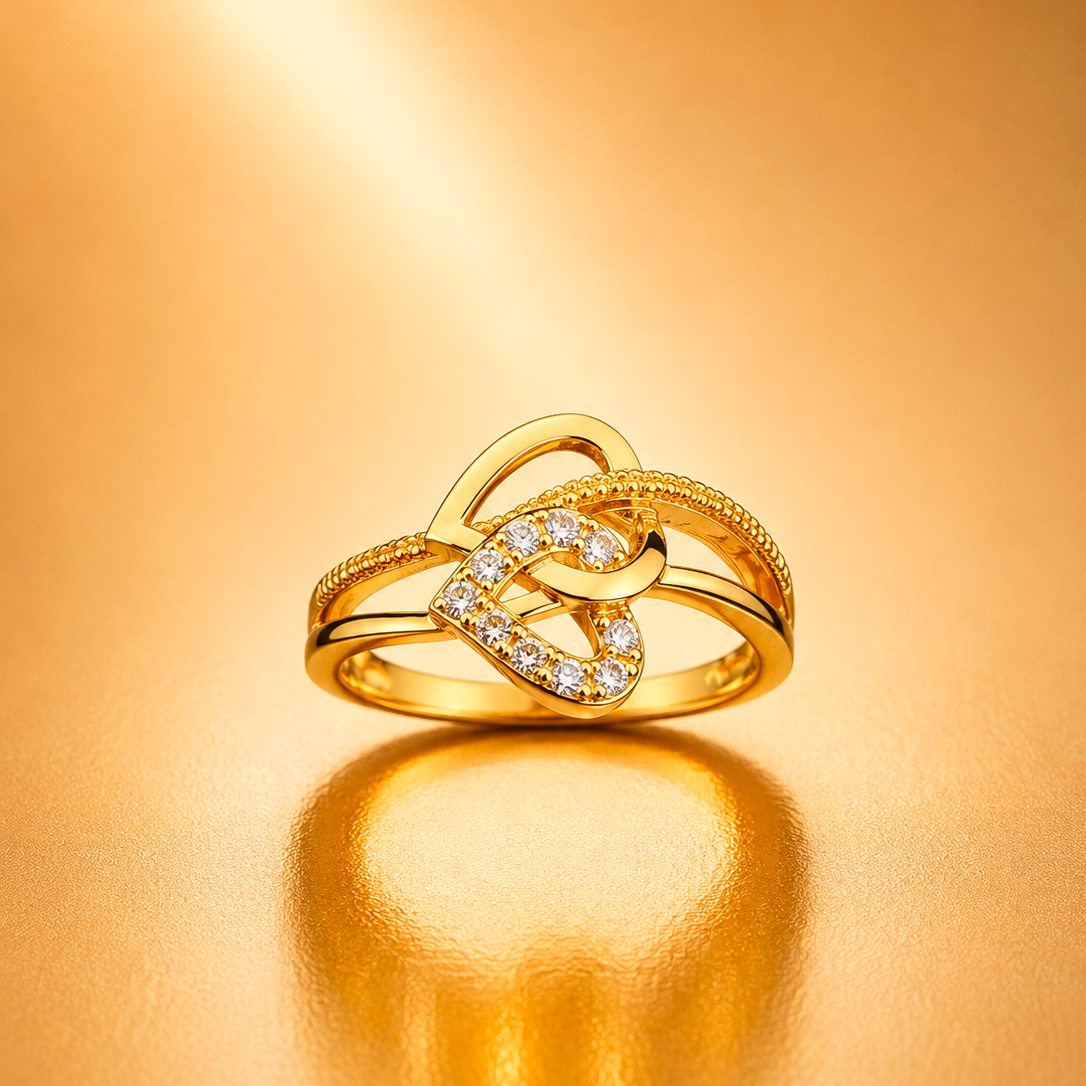 Interlocking Heart Gold-Plated CZ Ring for Women | Double Heart Love Ring | Elegant Romantic Band