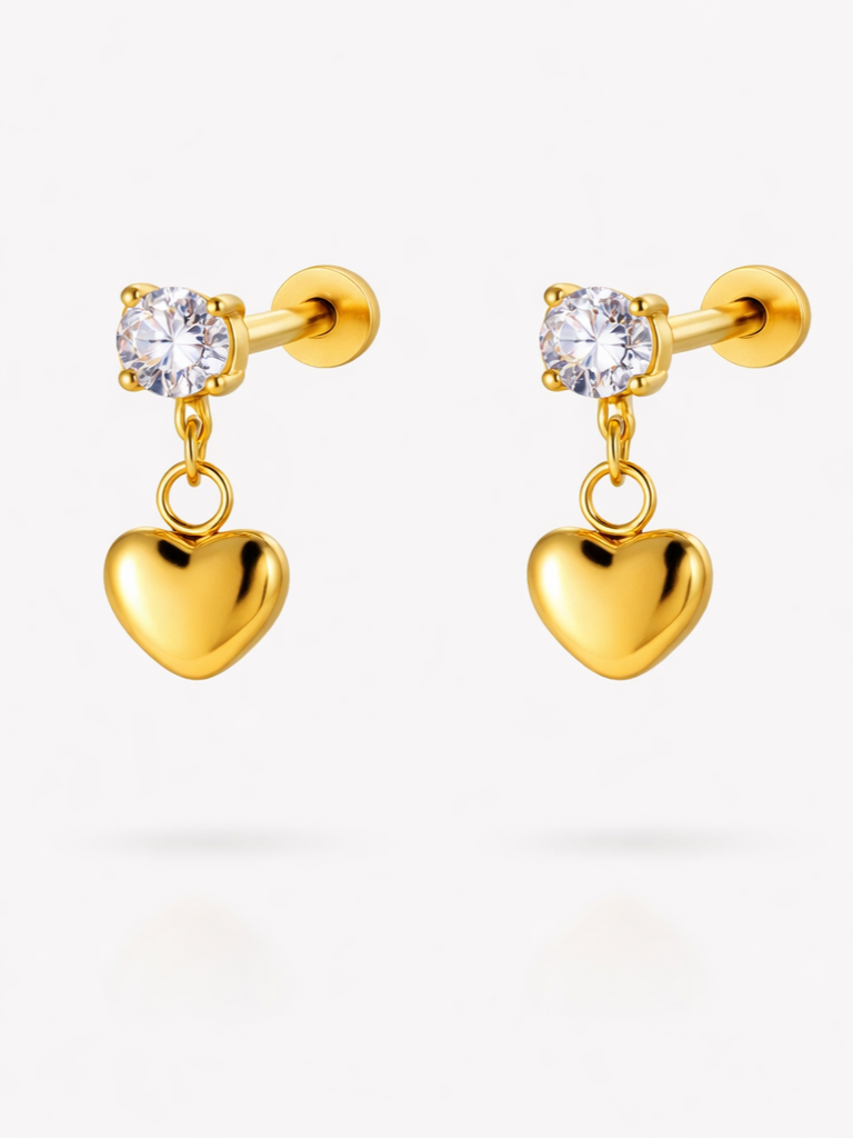 18k gold-plated heart drop flat-back stud earrings �? minimal sleep-friendly hypoallergenic flat-back studs, anti-tarnish and waterproof.