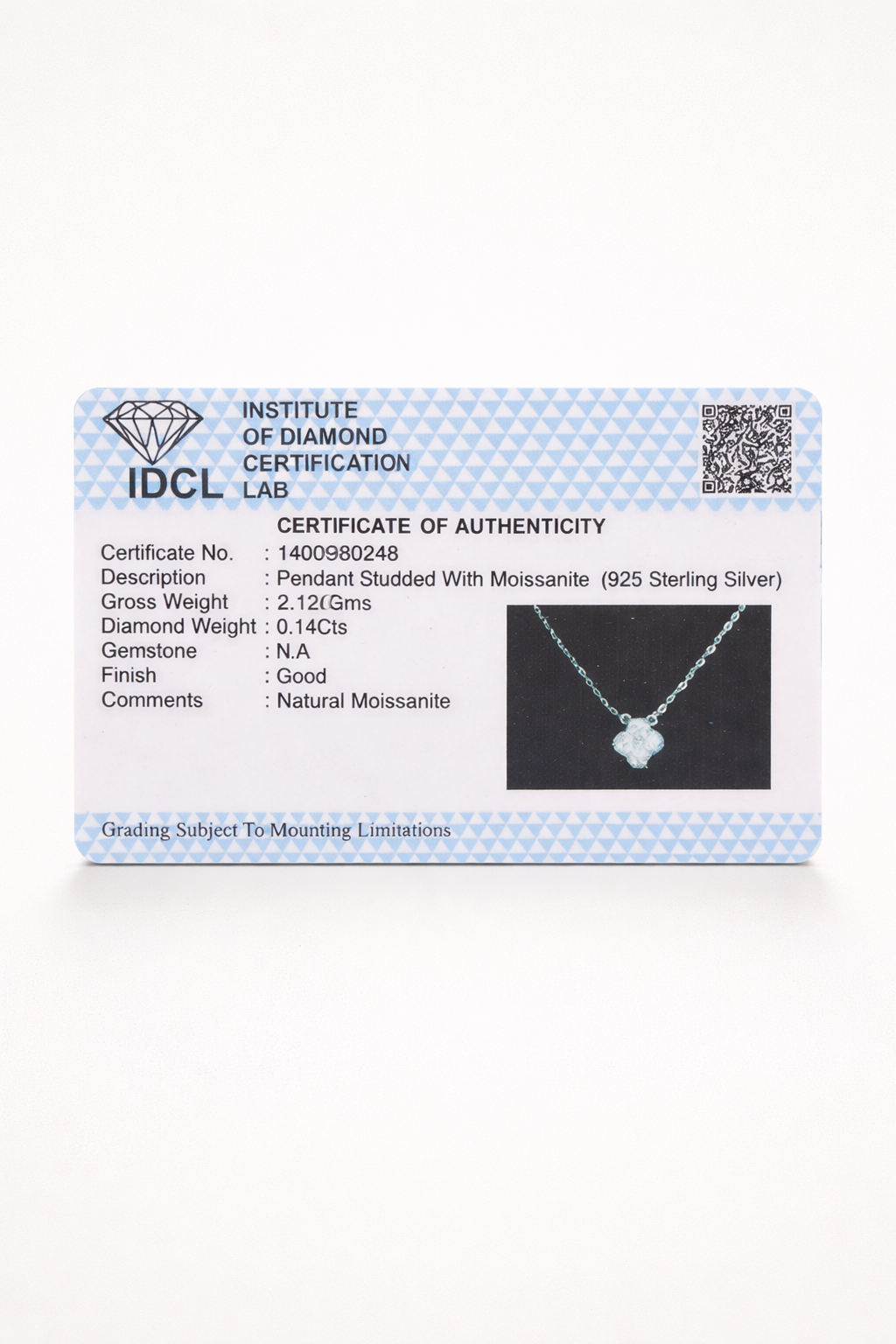 Styled view of Clovera moissanite necklace �? sterling silver clover pendant for evening and gifting.