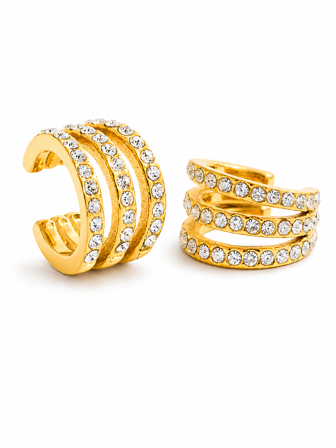 18k gold-plated Mira statement ear cuff �? anti-tarnish, waterproof, hypoallergenic, lightweight no-piercing single-piece cuff.