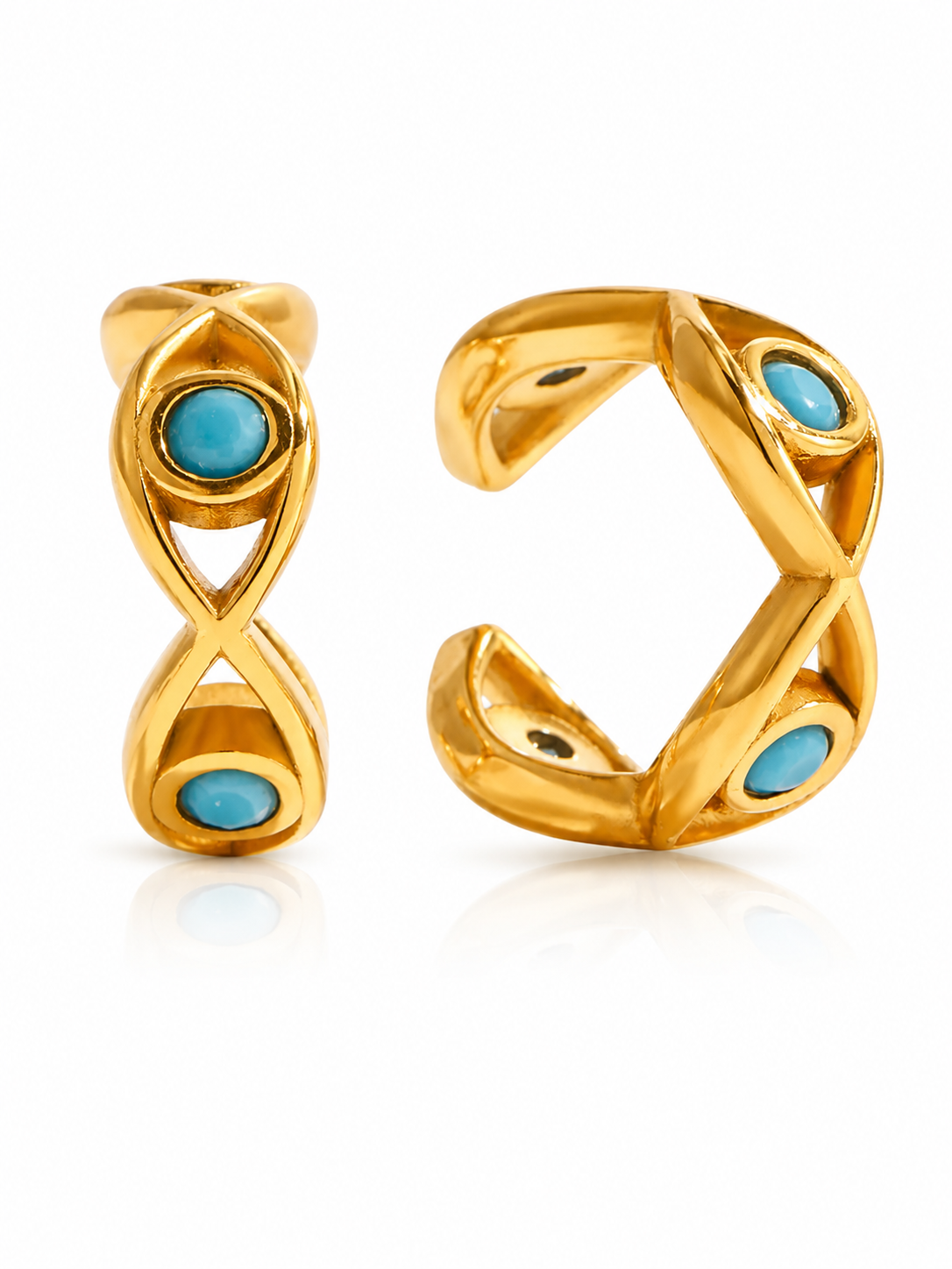 18k gold-plated Aria ear cuff �? anti-tarnish, waterproof, hypoallergenic, lightweight no-piercing single-piece cuff.