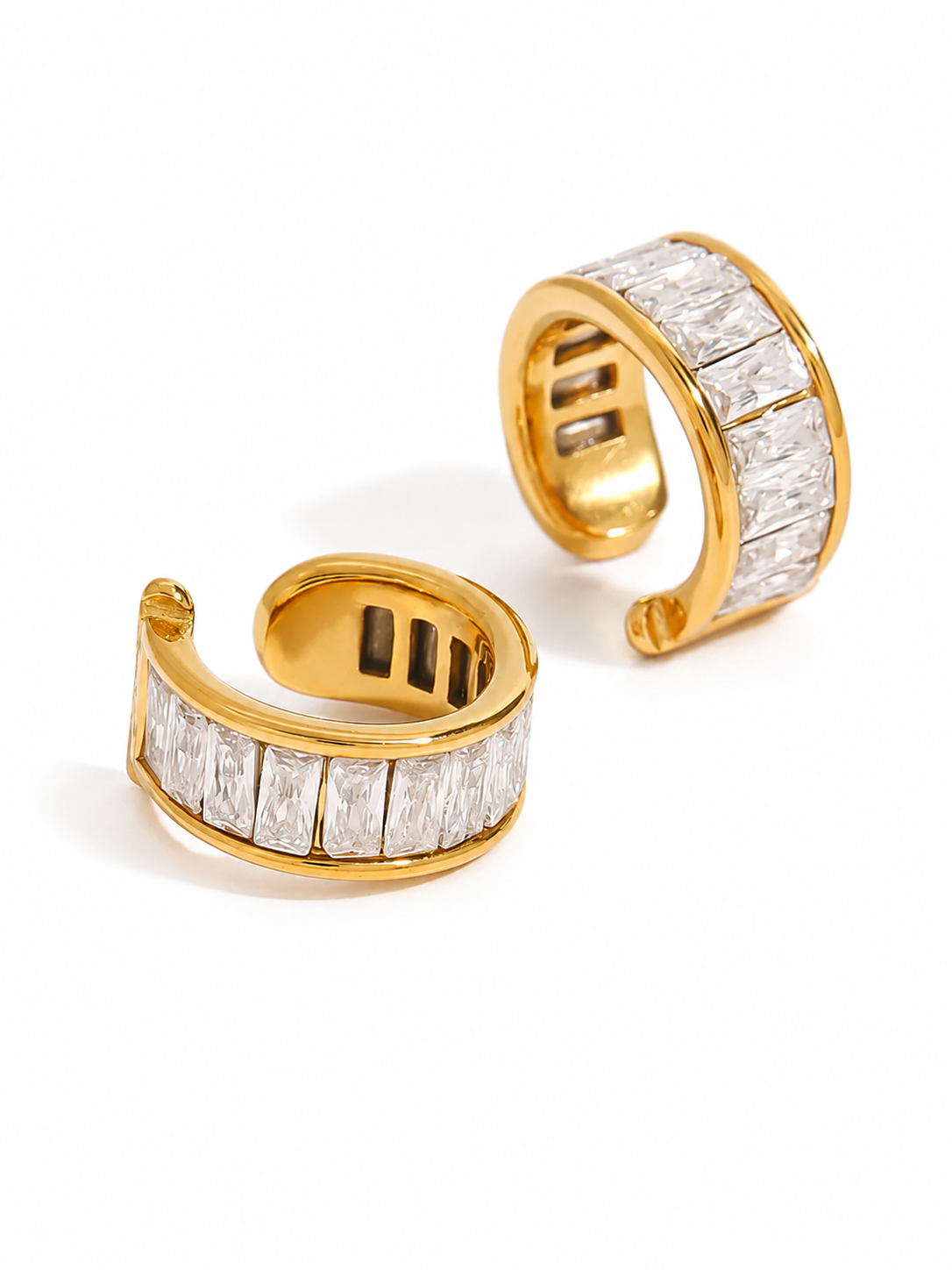 18k gold-plated Inara ear cuff �? sleek anti-tarnish, waterproof, hypoallergenic, lightweight no-piercing single-piece cuff.