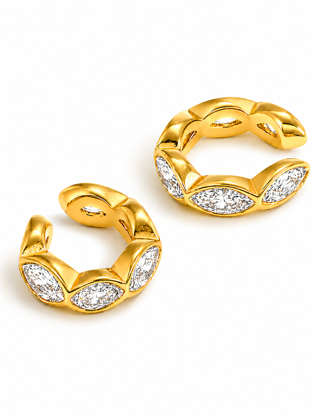 18k gold-plated Saira ear cuff �? minimal anti-tarnish, waterproof, hypoallergenic, lightweight no-piercing single-piece cuff.
