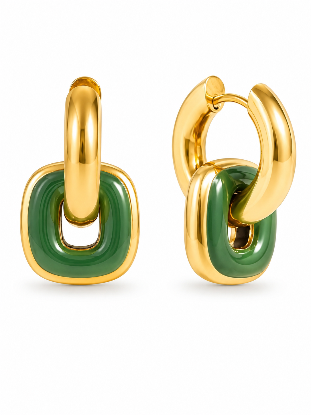 18k gold-plated square-cut green stone hoop earrings �? emerald-toned anti-tarnish hoops for festive, ethnic and evening looks.