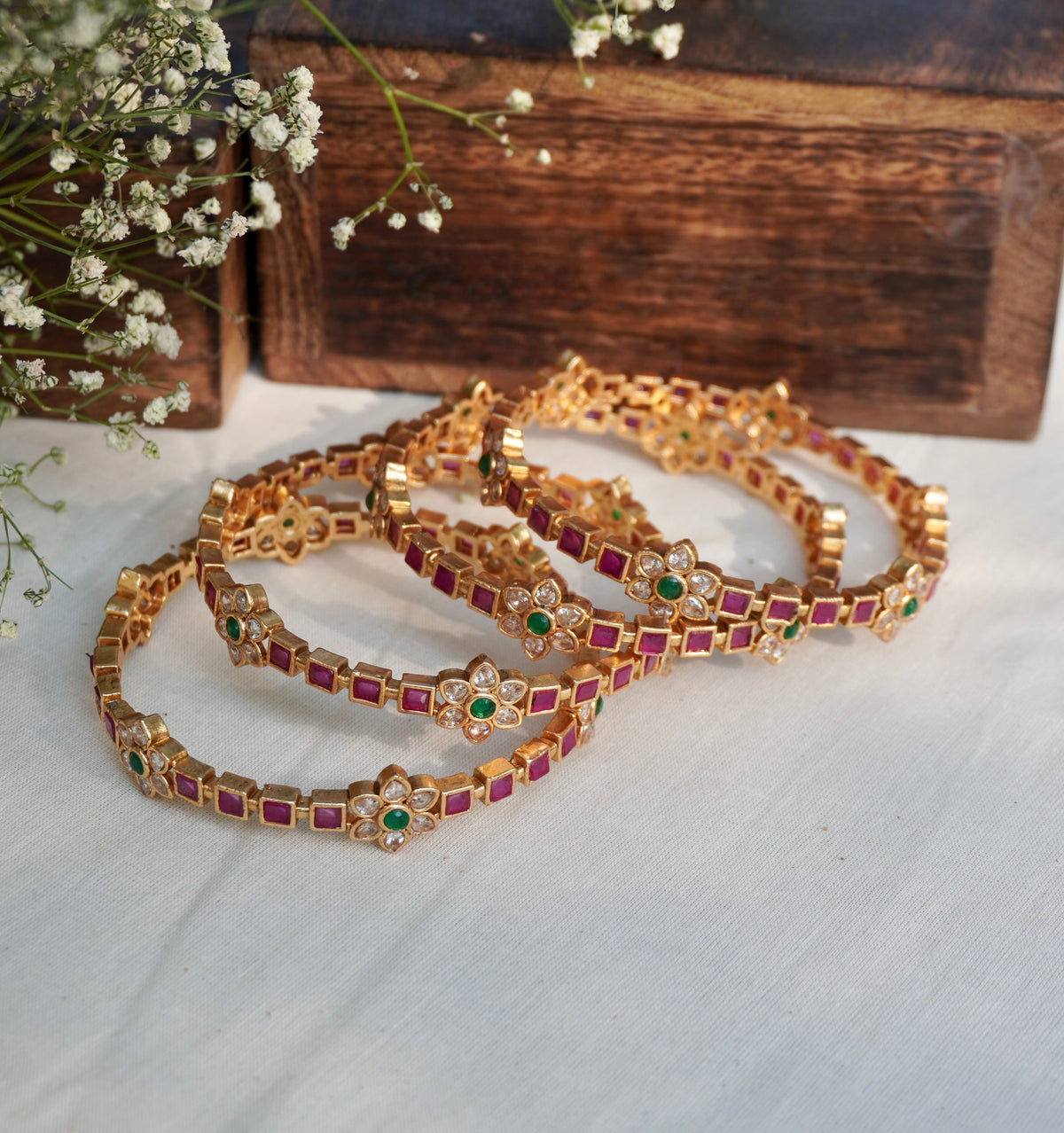 Rangrekha Ruby-Emerald Temple Bangle Set of 4