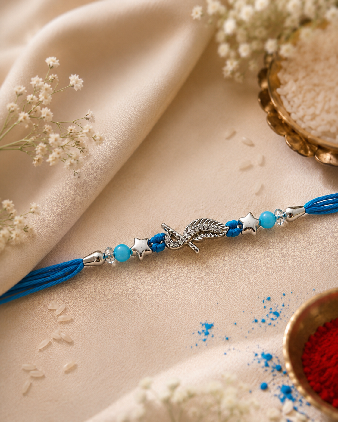 925 Silver Star Wing Rakhi, Blue Thread | House of Diana