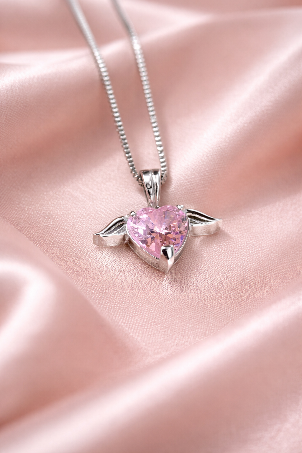 Angel Wings Heart Sterling Silver Pink CZ Pendant