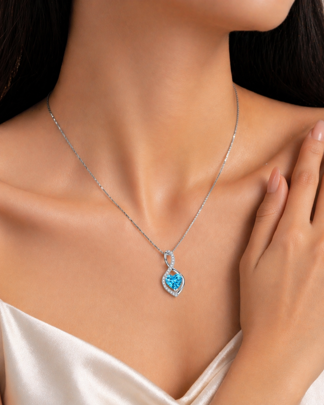 925 Sterling Silver Rhodium Plated Blue Heart Crystal Pendant with Sleek Box Chain